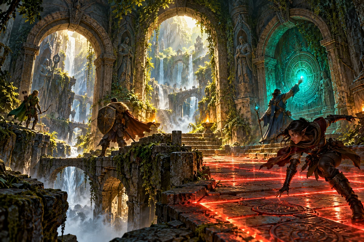 Exploradores atravessam um templo antigo com selos luminosos e armadilhas.