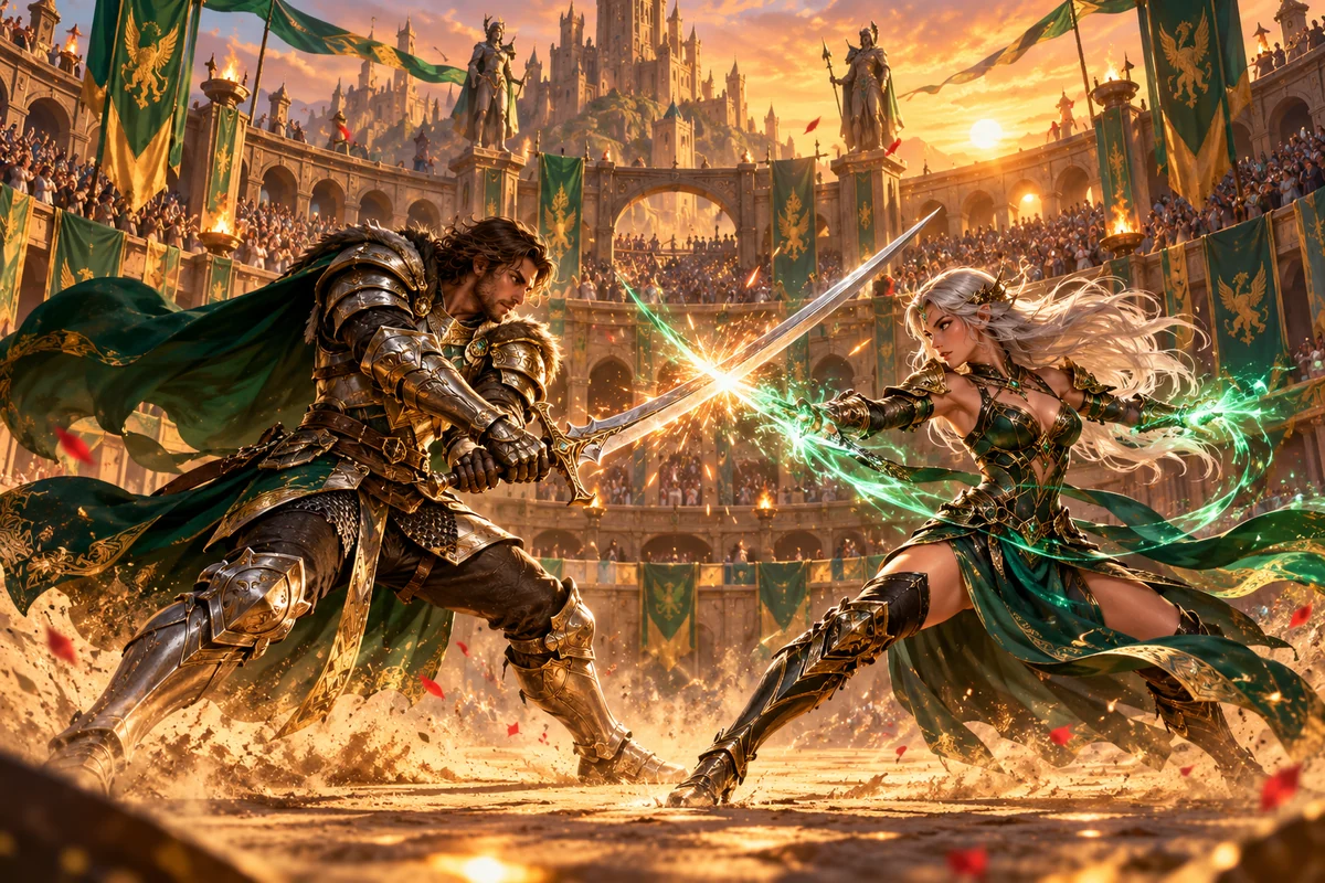 Dois heróis duelam numa grande arena com bandeiras e luz dourada.