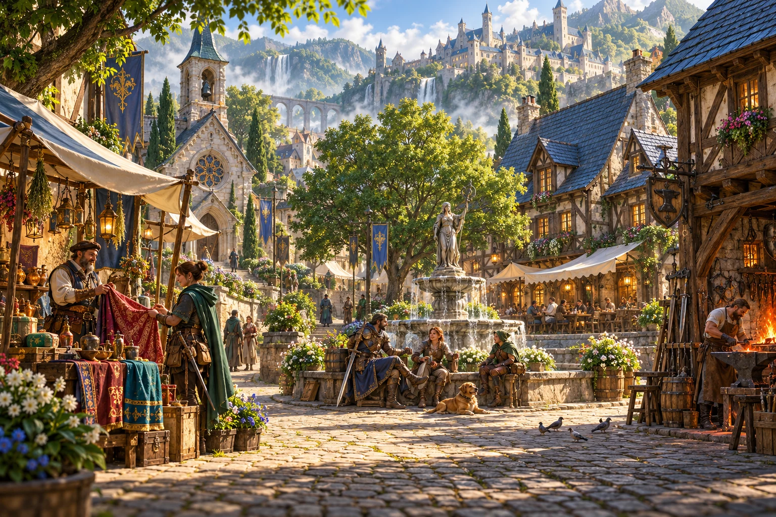 Ilustração da praça de Alvor, com fonte, mercadores e casas de telhados azuis.